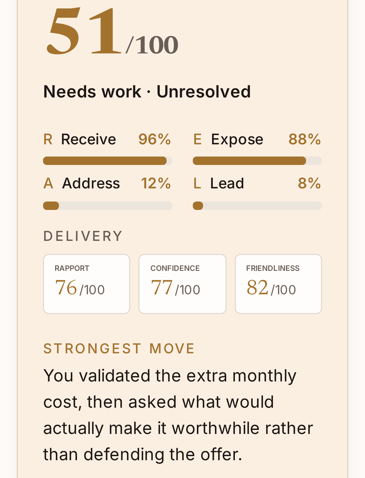 The genuine Sellnario feedback from the same practice conversation