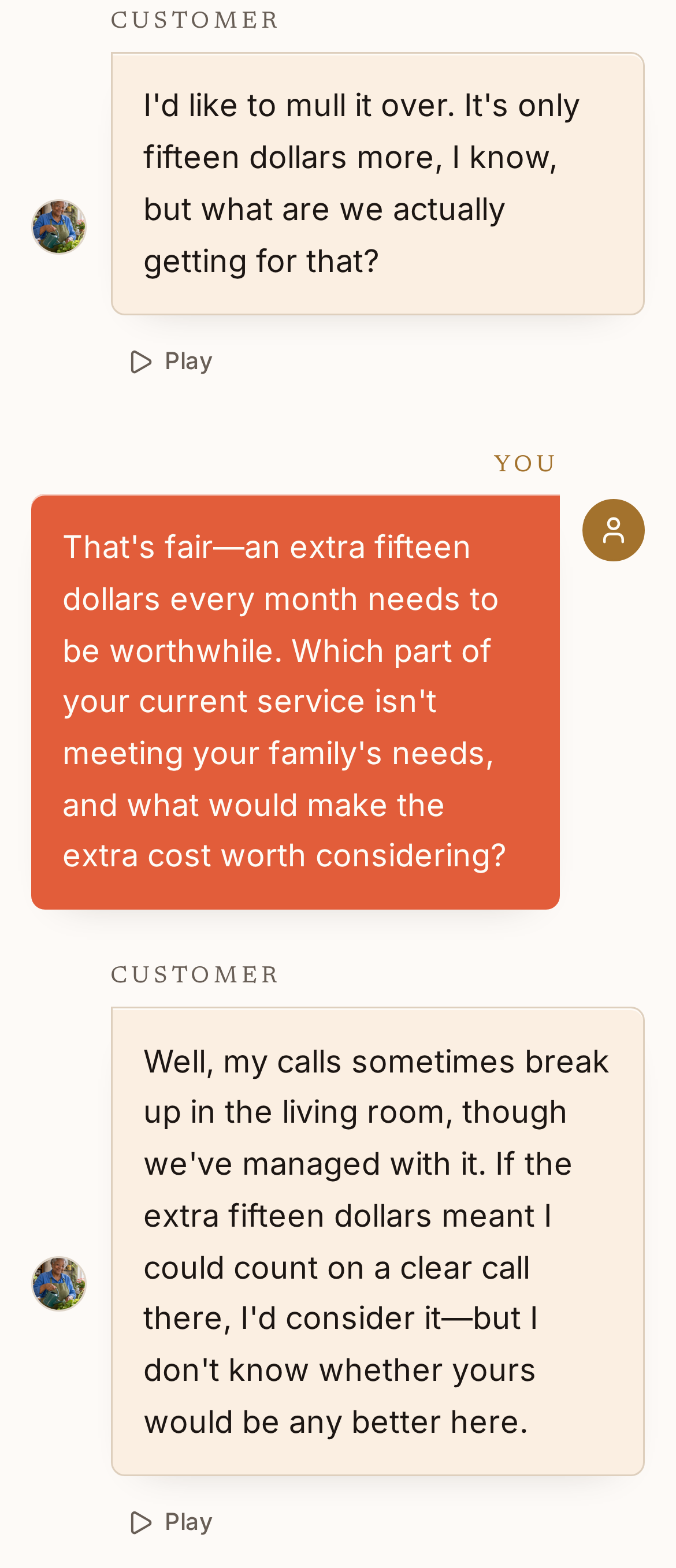 A genuine Sellnario AI customer practice conversation