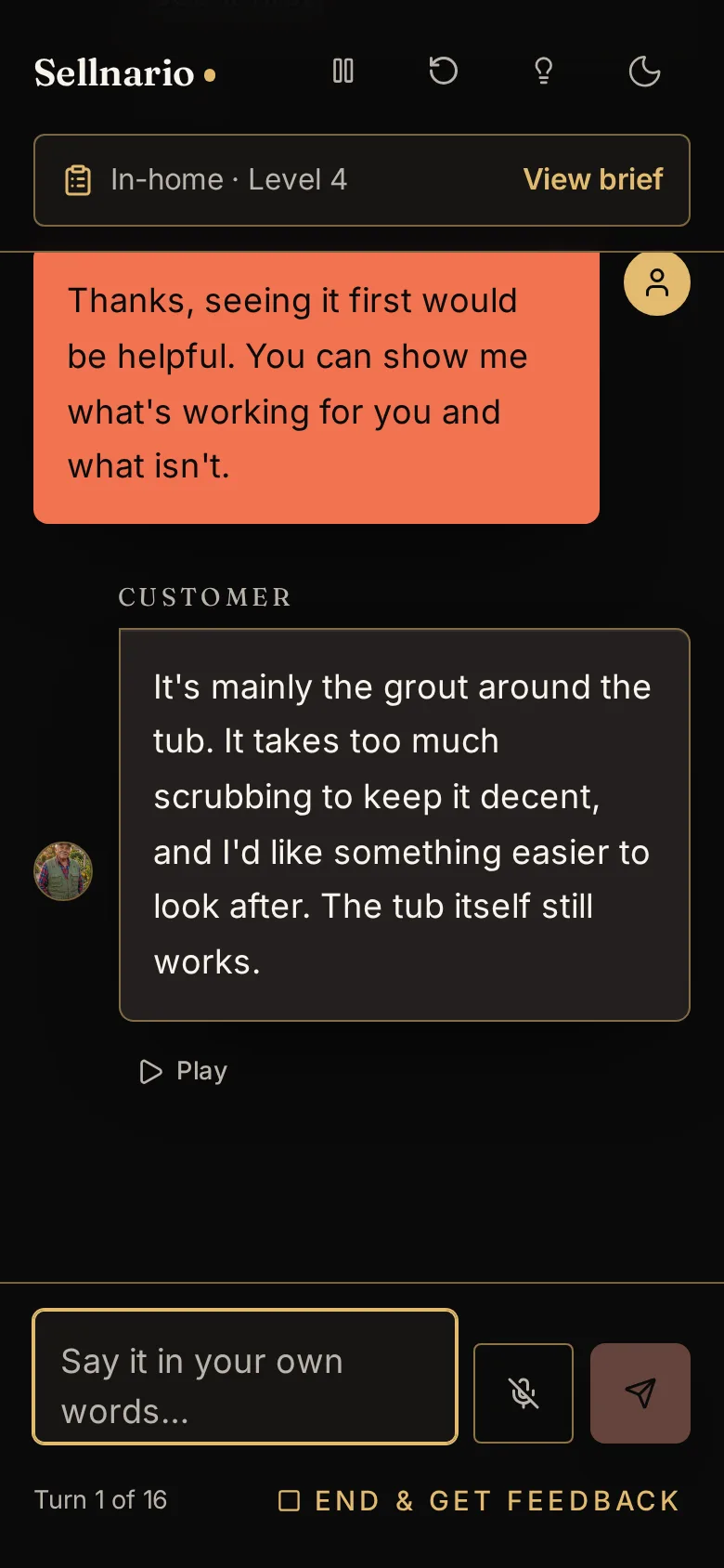 A real Sellnario practice conversation, mid-exchange, in light mode